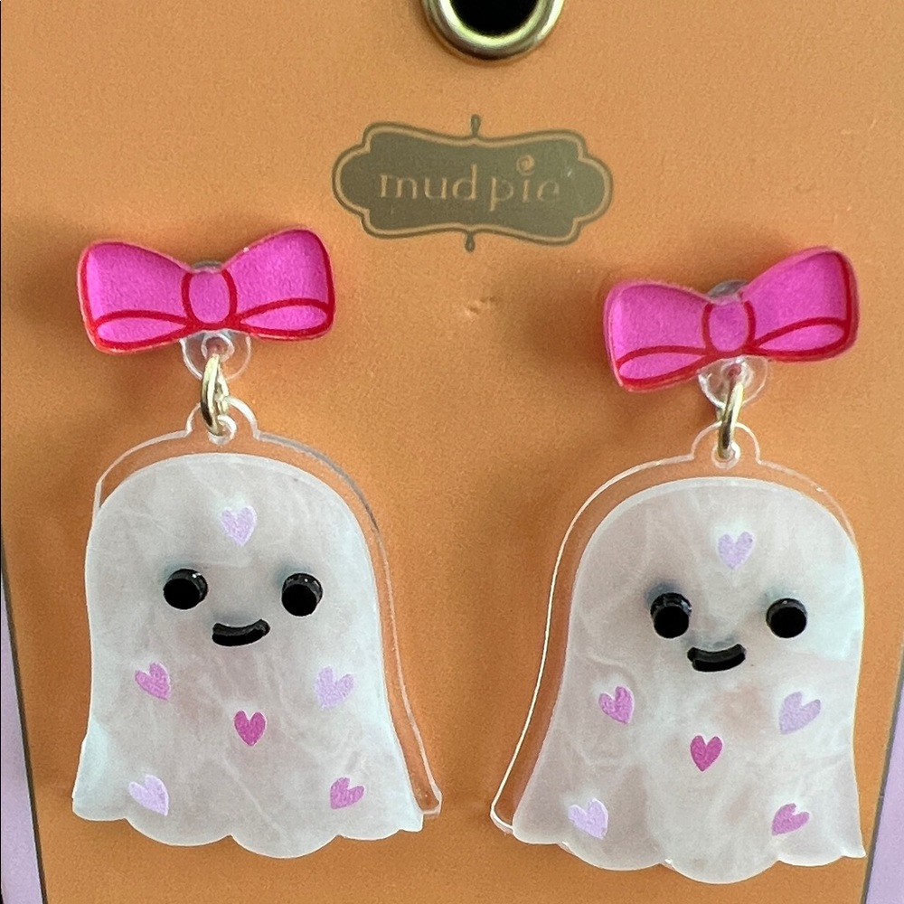 Mud Pie Pink Bow Ghost Earring, NWT, Cute! 👻